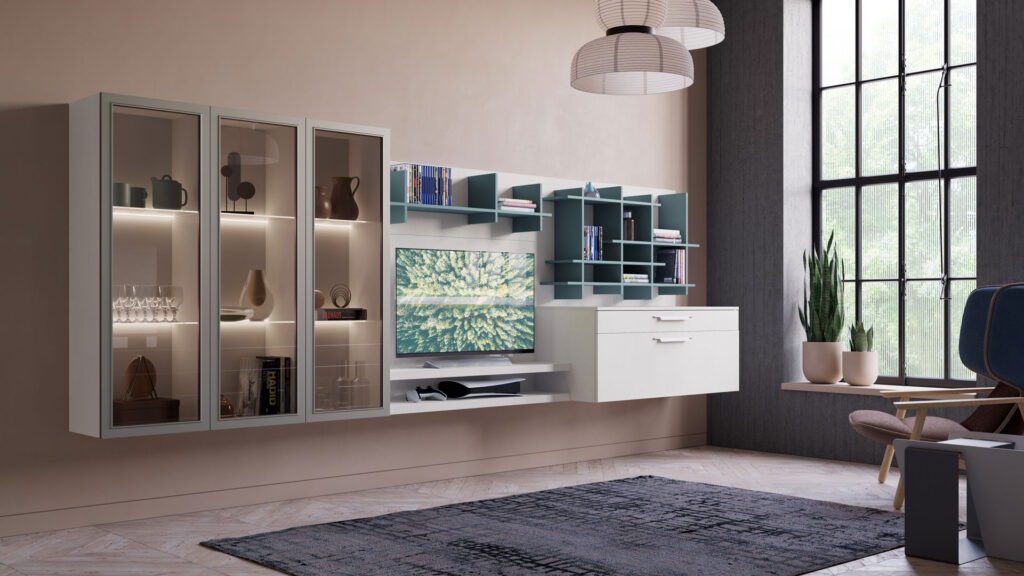 Composizione living con mensole ed elementi a giorno